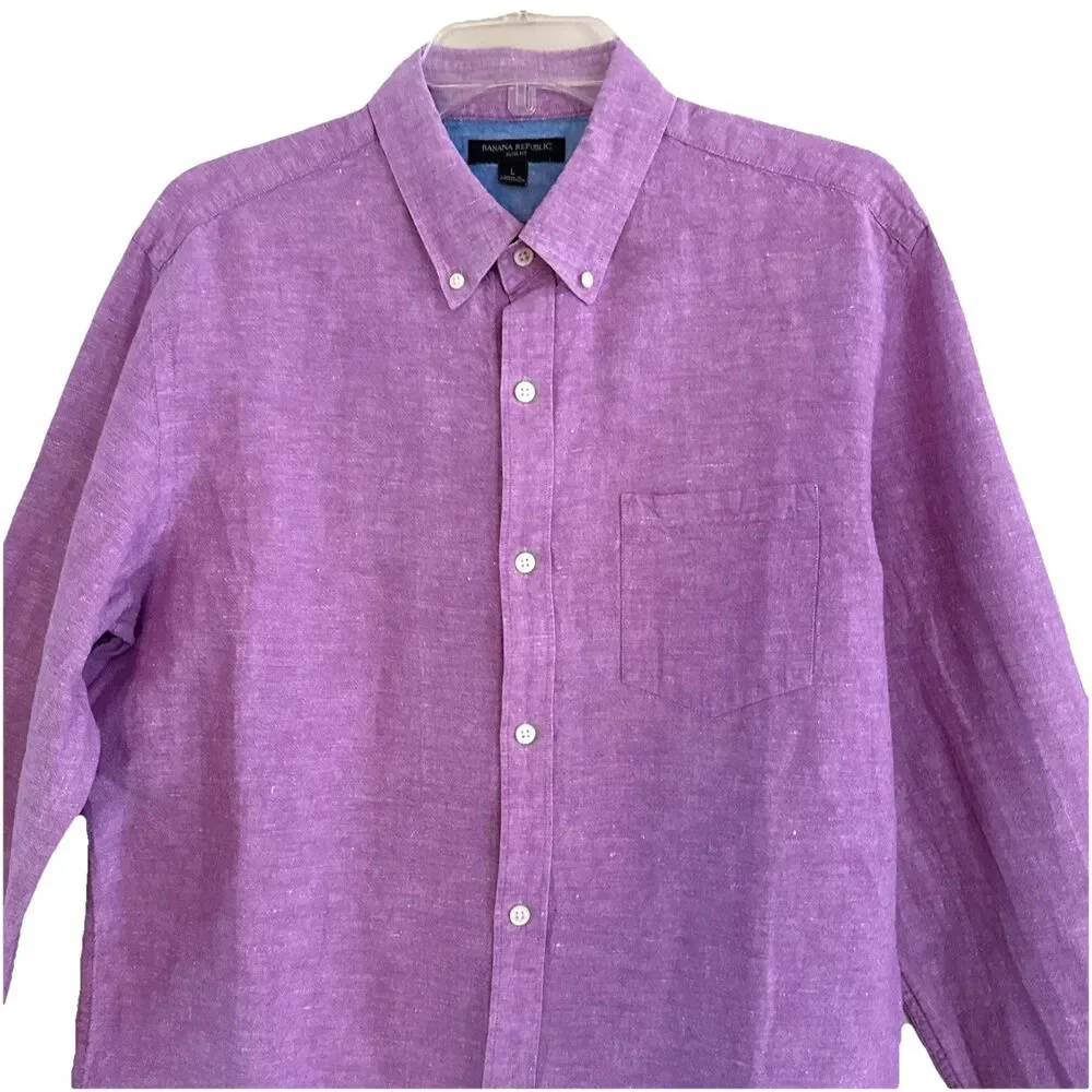 Banana Republic Slim Fit Linen Button Down Shirt Mens Size L Raspberry Coastal